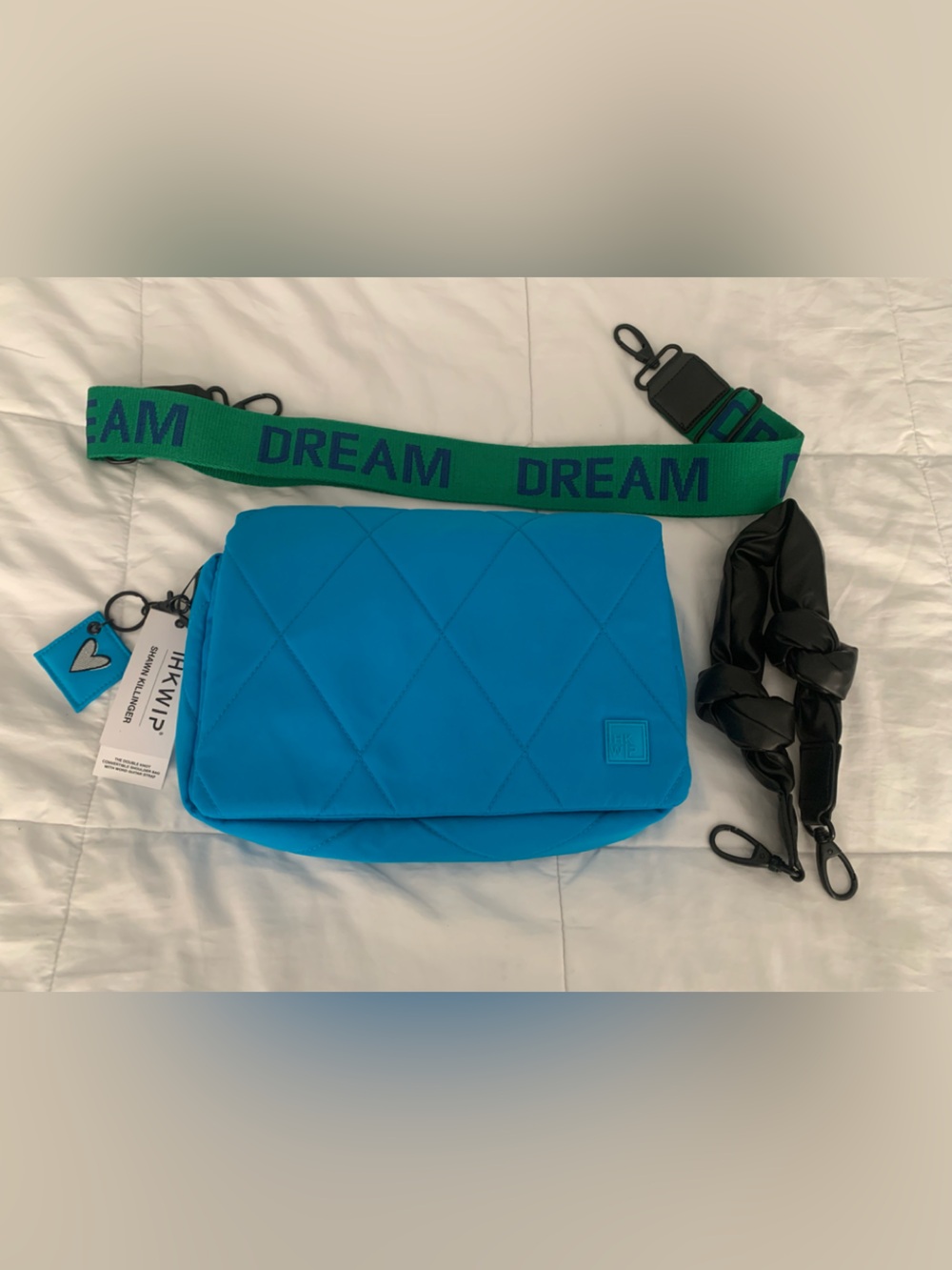 NWT IHKWip Quilted Crossbody Bag - Bright Blue with Green 'DREAM' Strap